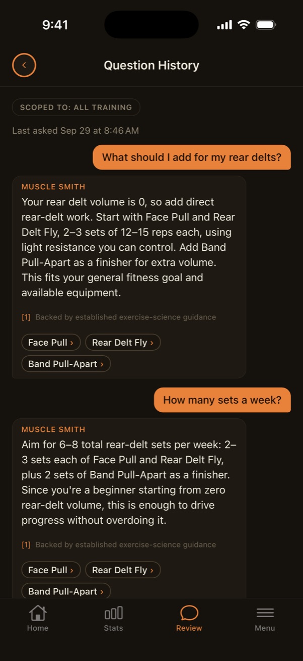 A chat asking what to add for rear delts; the answer notes zero rear-delt volume and suggests Face Pull, Rear Delt Fly and Band Pull-Apart