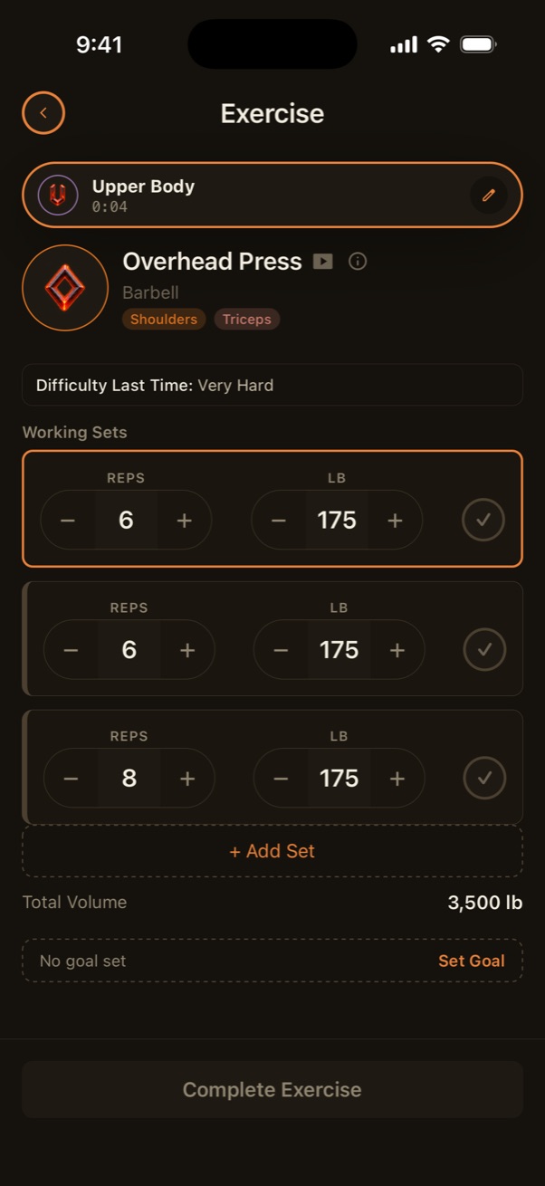 Logging Bench Press sets with reps and weight steppers