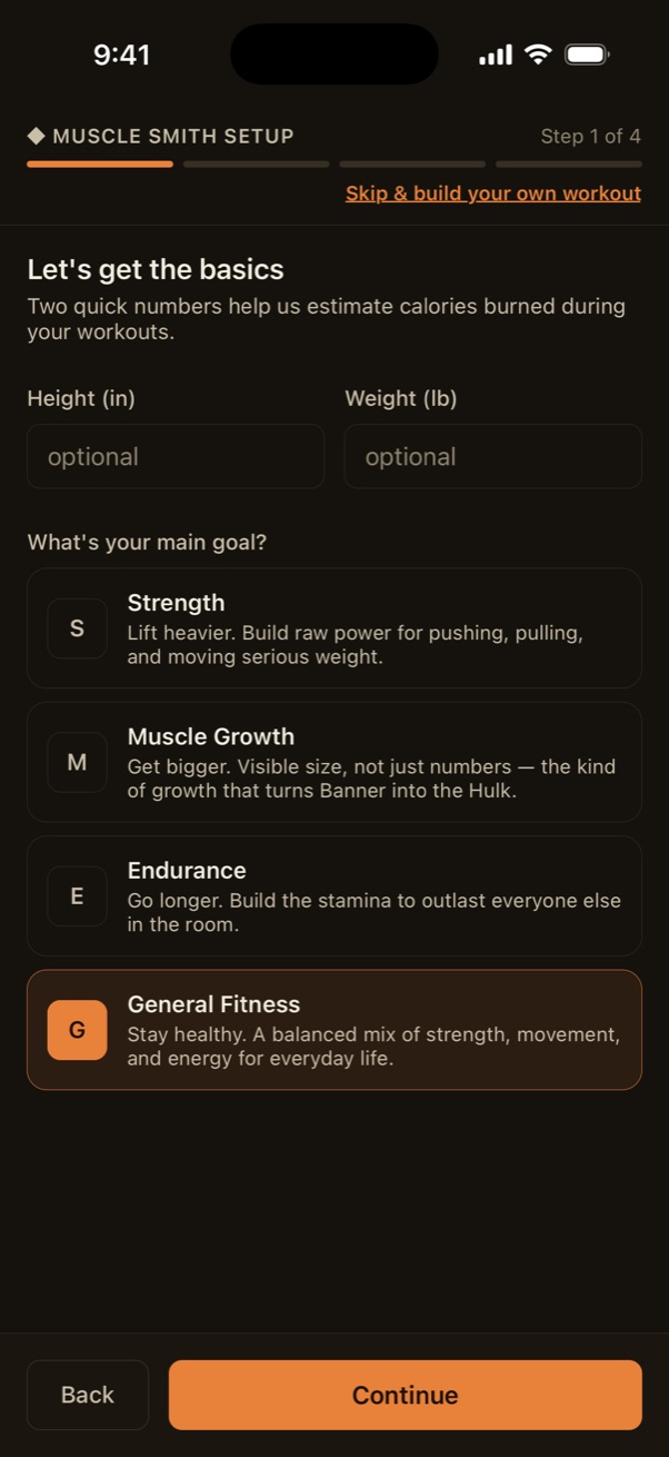 Muscle Smith setup, step 1 of 4: choose your main goal