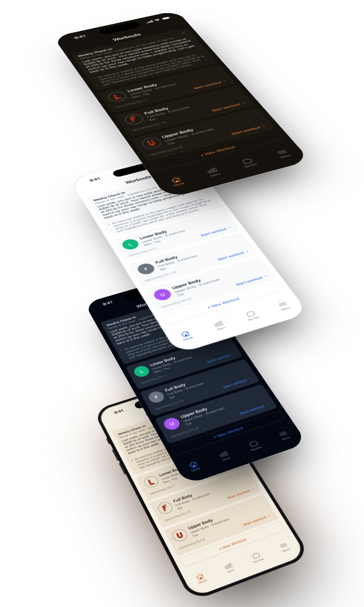 Muscle Smith's home screen in all four themes, stacked, with Forge Dark on top